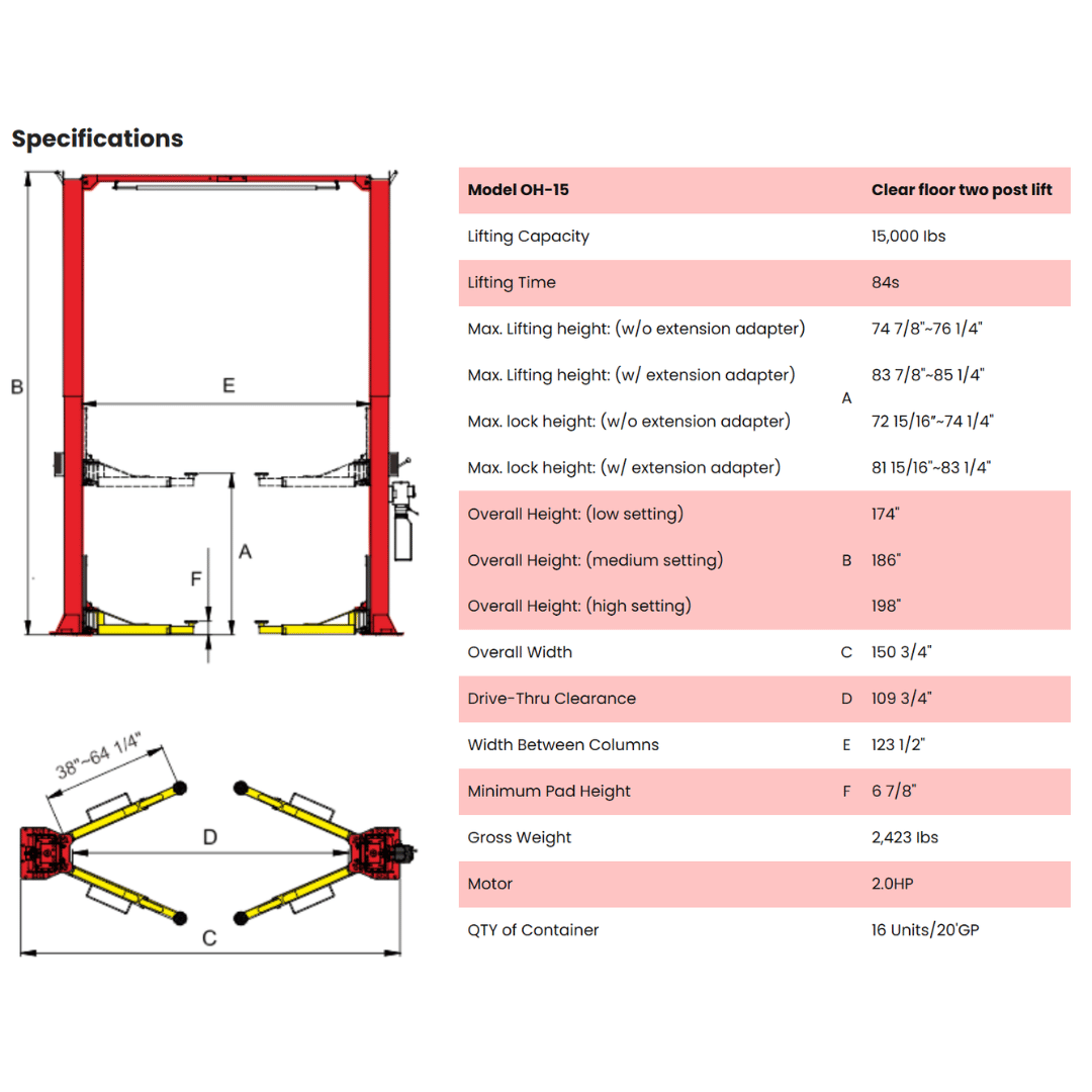 AMGO OH-15 Clear-Floor Two Post Lift – 15,000-lb Capacity