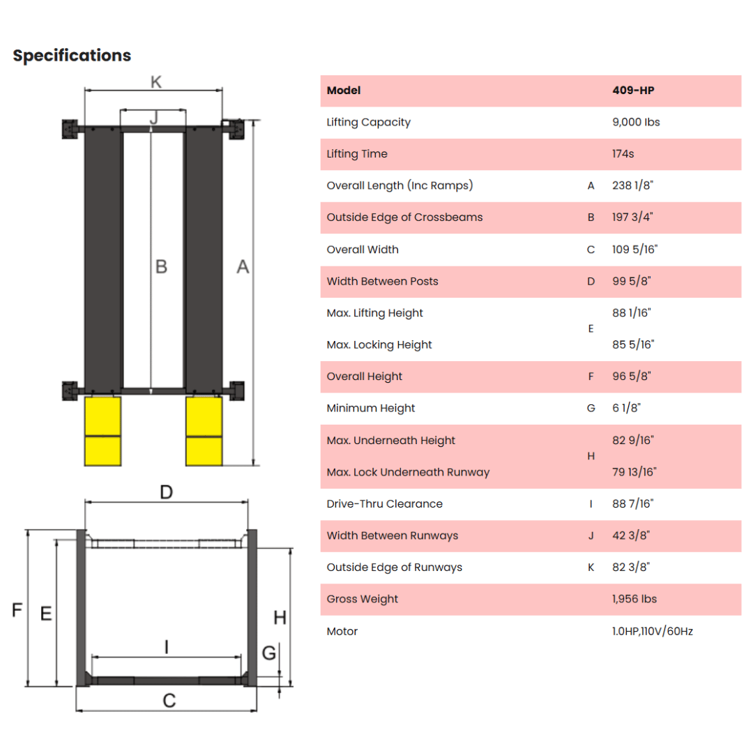 AMGO 409-HP Pro Four Post Parking Lift – 9,000-lb Capacity