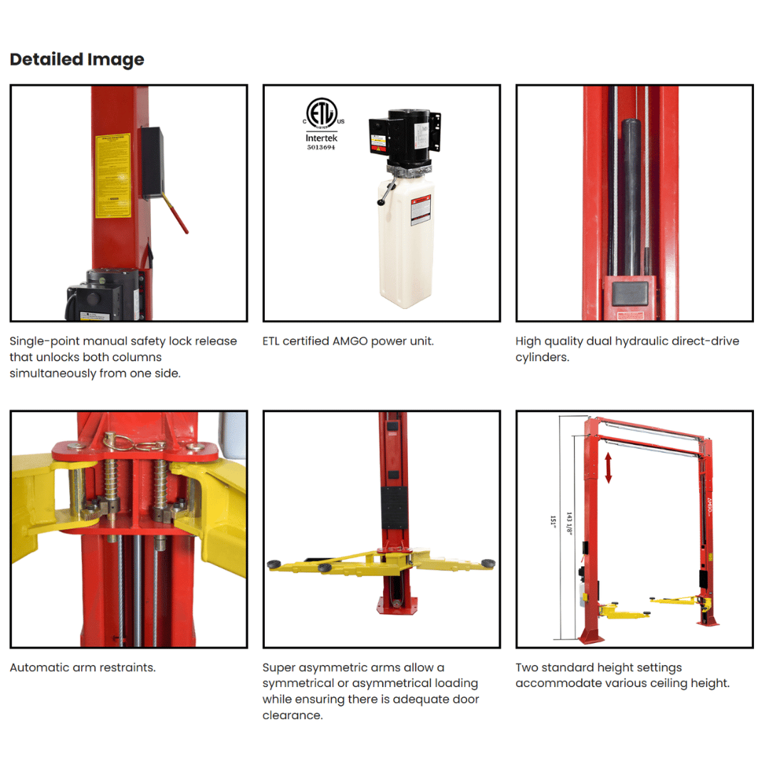AMGO OHX-10H Clear-Floor Two Post Lift – 10,000-lb Capacity